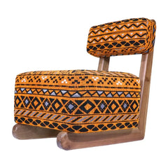 Handmade Mid-Century Moroccan Lounge Chair – Armless Teak Wood Frame with Vintage Rug Upholstery