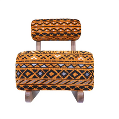 Handmade Mid-Century Moroccan Lounge Chair – Armless Teak Wood Frame with Vintage Rug Upholstery