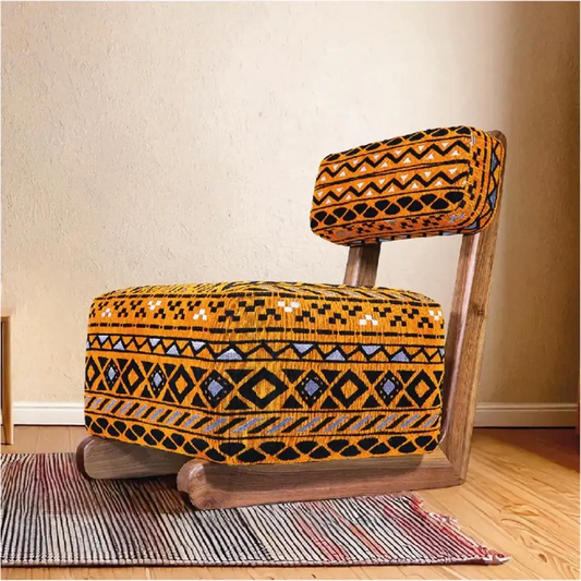Handmade Mid-Century Moroccan Lounge Chair – Armless Teak Wood Frame with Vintage Rug Upholstery