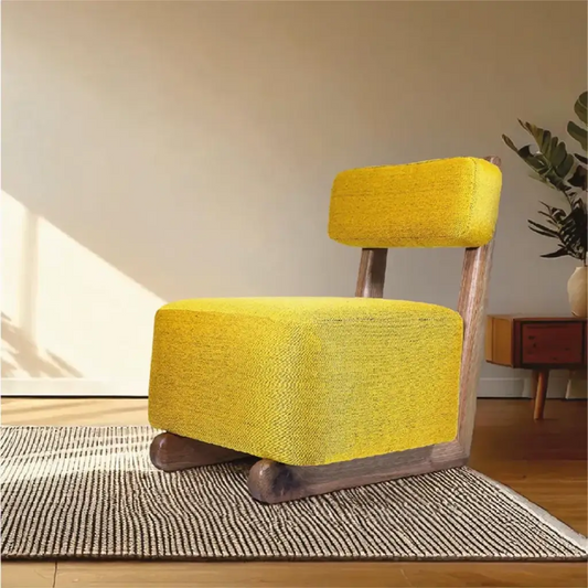 Handmade Modern Moroccan Armless Chair – Solid Teak Frame with Gold Wool Upholstery – Minimalist Accent Lounge Chair